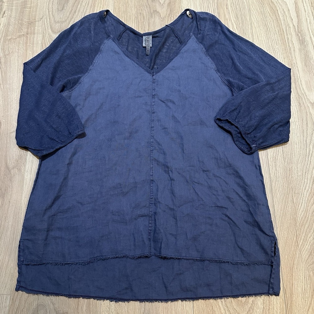 XCVI Blue 100% Linen Blouse Size M Relaxed Beach 3/4 Sleeves Lagenlook
